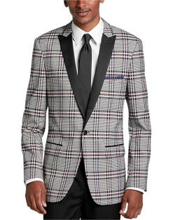 Paisley & Gray Slim Fit Dinner Jacket, Gray And Berry Plaid