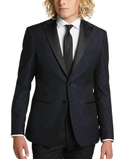 Egara Slim Fit Satin Peak Lapel Dinner Jacket, Dark Blue Patterned