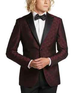Egara Slim Fit Satin Peak Lapel Dinner Jacket, Burgundy Patterned