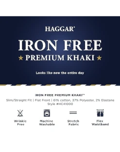 Haggar Iron-Free Premium Khaki™ Slim/Straight Fit Flat-Front Pants, Indigo 7 Haggar Iron-Free Premium Khaki™ Slim/Straight Fit Flat-Front Pants, Indigo -Joseph Abboud Sales MW40 235T 07 HAGGAR INDIGO ALT3 2