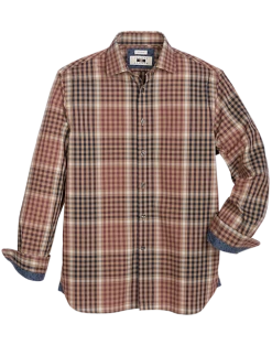 Joseph Abboud Modern Fit Spread Collar Sport Shirt, Navy And Tan Plaid