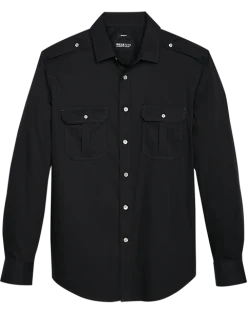 Awearness Kenneth Cole Slim Fit Twill Military Sport Shirt, Black