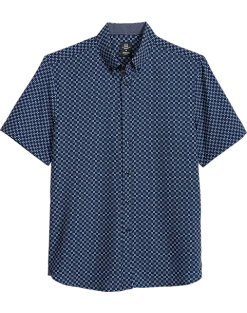 Michael Strahan Modern Fit 4-Way Stretch Short Sleeve Sport Shirt, Navy Square Check