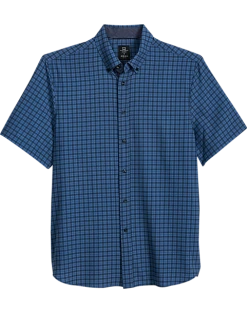 Michael Strahan Modern Fit 4-Way Stretch Short Sleeve Sport Shirt, Blue Check
