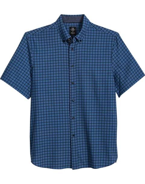 Michael Strahan Modern Fit 4-Way Stretch Short Sleeve Sport Shirt, Blue Check 1 Michael Strahan Modern Fit 4-Way Stretch Short Sleeve Sport Shirt, Blue Check