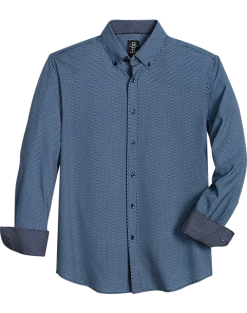 Michael Strahan Modern Fit Button-Down Collar Four-Way Stretch Sport Shirt, Navy Mesh Netting Print