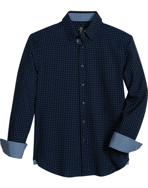 Michael Strahan Modern Fit Spread Collar Four-Way Stretch Sport Shirt, Navy Mini Triangle Dot 1 Michael Strahan Modern Fit Spread Collar Four-Way Stretch Sport Shirt, Navy Mini Triangle Dot