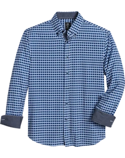 Michael Strahan Modern Fit Button-Down Collar Four-Way Stretch Sport Shirt, Medium Blue Geo Check