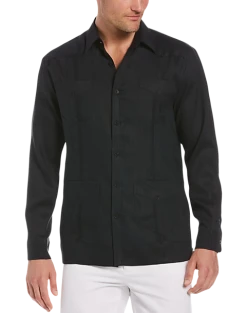Cubavera Modern Fit Linen Guayabera Shirt, Black