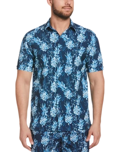 Cubavera Modern Fit 4-Way Stretch Sport Shirt, Blue Pineapple Print
