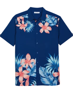 Cubavera Modern Fit 4-Way Stretch Sport Shirt, Navy Tropical Print