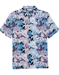 Cubavera Modern Fit Short Sleeve Sport Shirt, Blue & Pink Tropical Floral