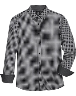 Michael Strahan Modern Fit Four-Way Stretch Sport Shirt, Black Grid