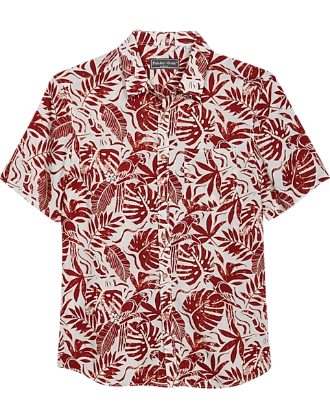 Paisley & Gray Slim Fit Short Sleeve Sport Shirt, Red Parrot & Leaf 1 Paisley & Gray Slim Fit Short Sleeve Sport Shirt, Red Parrot & Leaf
