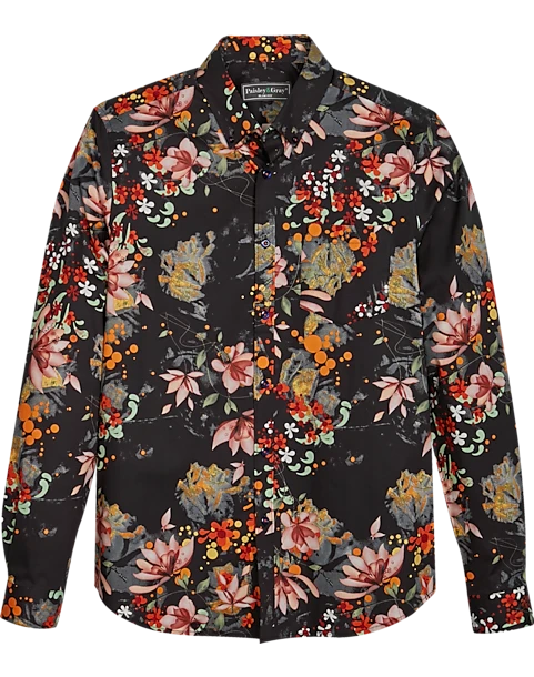 Paisley & Gray Slim Fit Spread Collar Sport Shirt, Black Paint Splatter Floral 1 Paisley & Gray Slim Fit Spread Collar Sport Shirt, Black Paint Splatter Floral