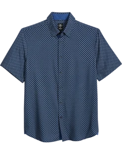 Michael Strahan Modern Fit 4-Way Stretch Short Sleeve Sport Shirt, Blue Geo Grid