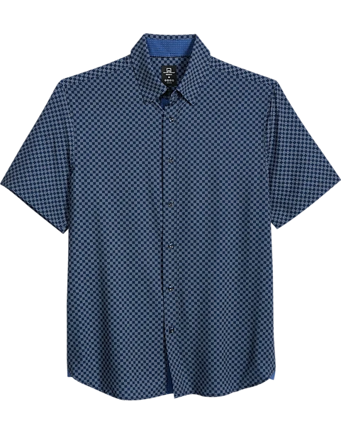Michael Strahan Modern Fit 4-Way Stretch Short Sleeve Sport Shirt, Blue Geo Grid 1 Michael Strahan Modern Fit 4-Way Stretch Short Sleeve Sport Shirt, Blue Geo Grid