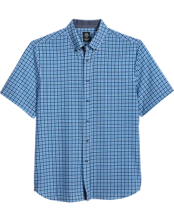 Michael Strahan Modern Fit 4-Way Stretch Short Sleeve Sport Shirt, Blue Grid