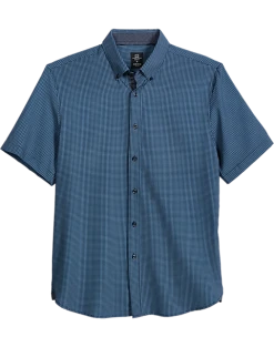 Michael Strahan Modern Fit Short Sleeve Sport Shirt, Navy Check 3-D Check