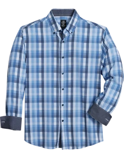 Michael Strahan Modern Fit Button-Down Collar 4-Way Stretch Sport Shirt, Blue Check