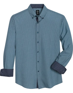 Michael Strahan Modern Fit Button-Down Collar 4-Way Stretch Sport Shirt, Green Triangles