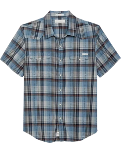 Lucky Brand Classic Fit Short Sleeve Western Sport Shirt, Blue Plaid