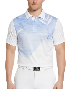 PGA Tour Classic Fit Printed Polo, White Asymmetric Tropical