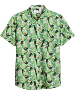 Report Collection Modern Fit Four-Way Stretch Short Sleeve Sport Shirt, Light Green Toucan Bird