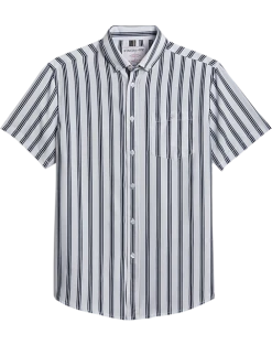 Report Collection Modern Fit Four-Way Stretch Short Sleeve Sport Shirt, Black & White Stripe