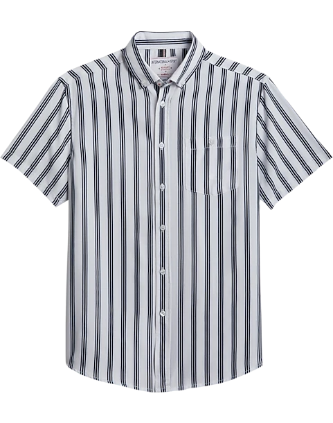 Report Collection Modern Fit Four-Way Stretch Short Sleeve Sport Shirt, Black & White Stripe 1 Report Collection Modern Fit Four-Way Stretch Short Sleeve Sport Shirt, Black & White Stripe
