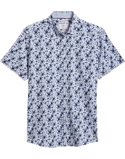 Report Collection Modern Fit Four-Way Stretch Short Sleeve Sport Shirt, Dark Blue Palm Tree