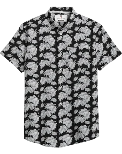 Report Collection Modern Fit Four-Way Stretch Short Sleeve Sport Shirt, Black Palm Leaf